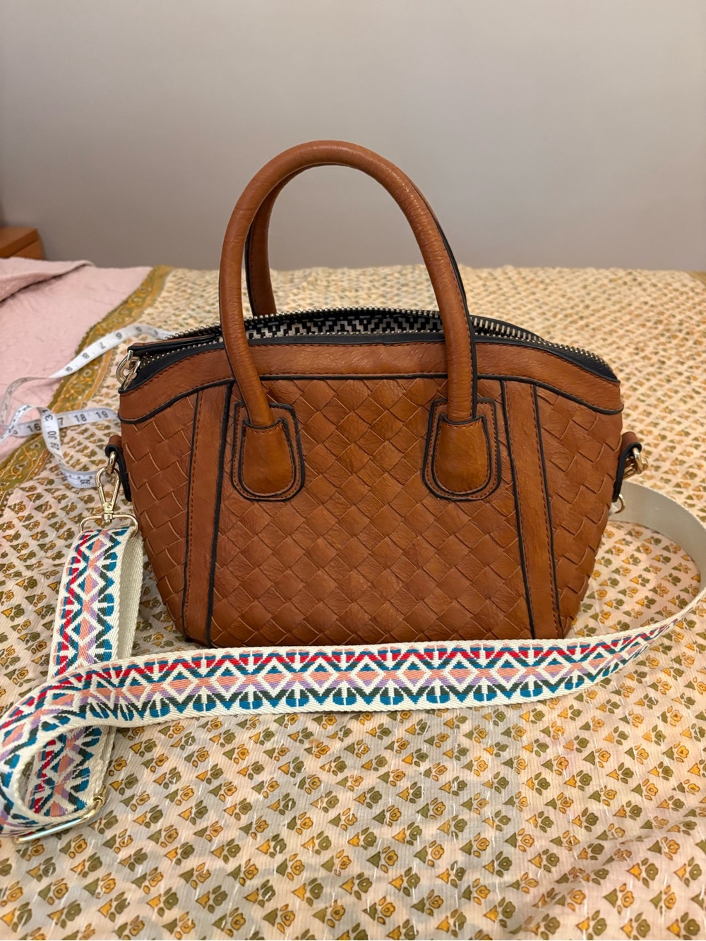 Miztigne Woven Leather Satchel Handbag in Cognac Brown